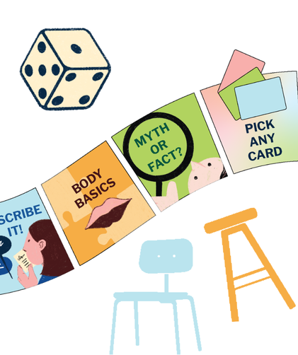 Grab a Seat card families: representative fronts and backs for Myth or Fact, Body Basics, Describe It, and Discuss It.