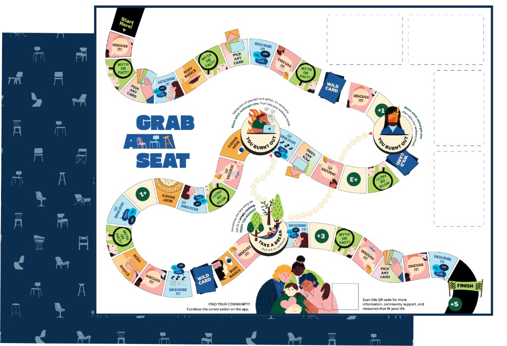 Grab a Seat game board: winding path from Start to Finish, color-coded spaces for Myth or Fact, Body Basics, Describe It, Discuss It, and special landing zones.