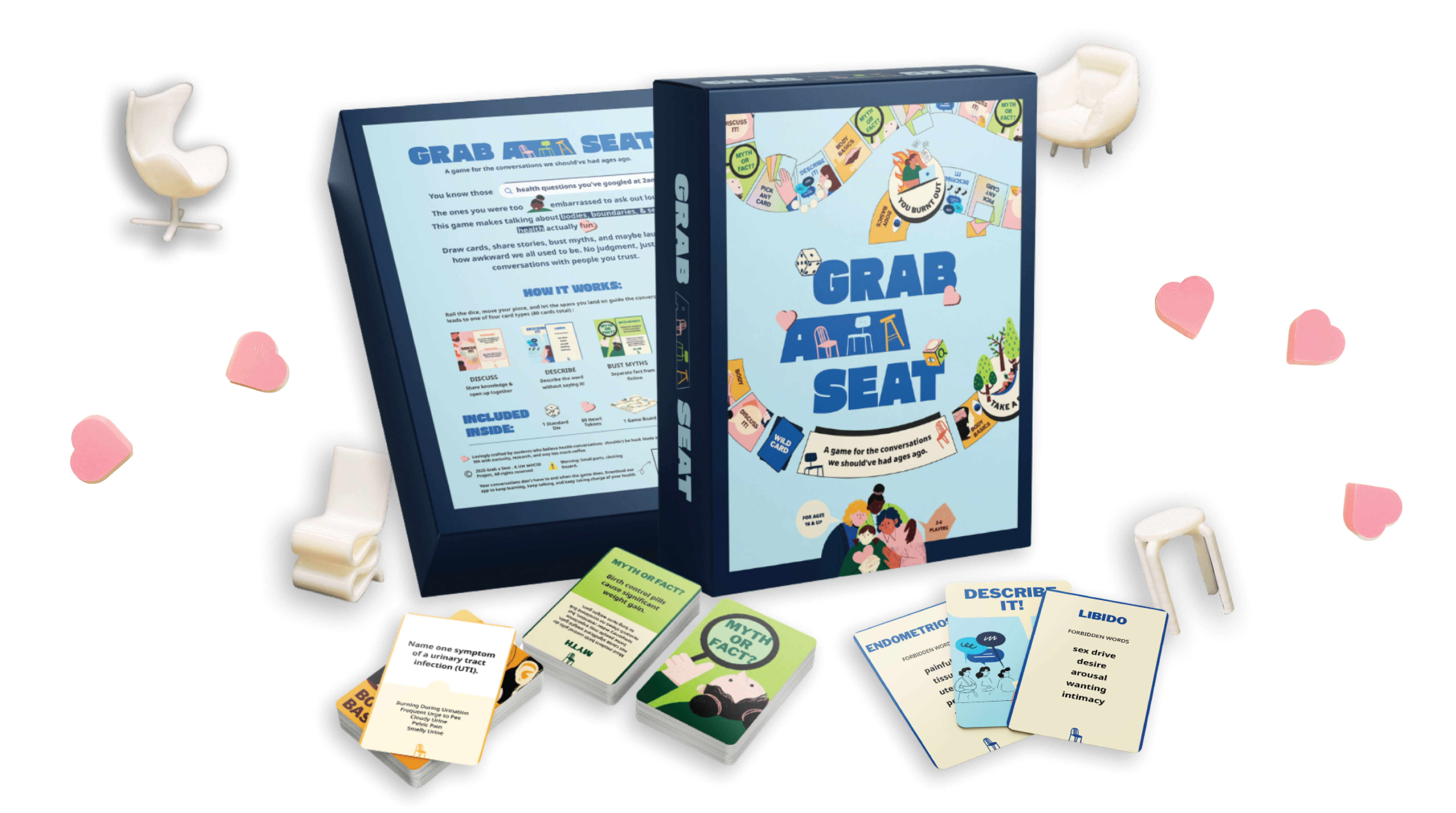 Grab a Seat product hero with game pieces and packaging.
