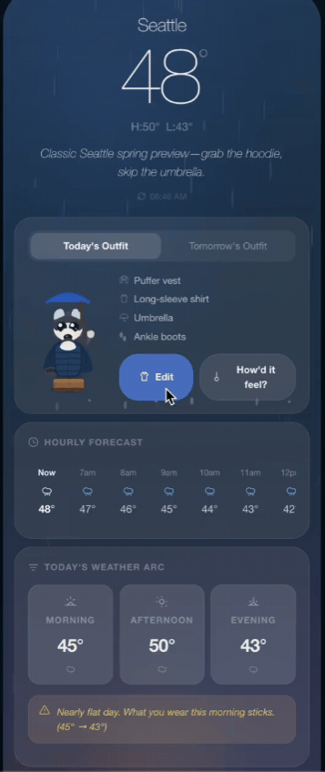 Nimbus app: Seattle weather, outfit recommendation with husky avatar, hourly forecast, and daily arc.